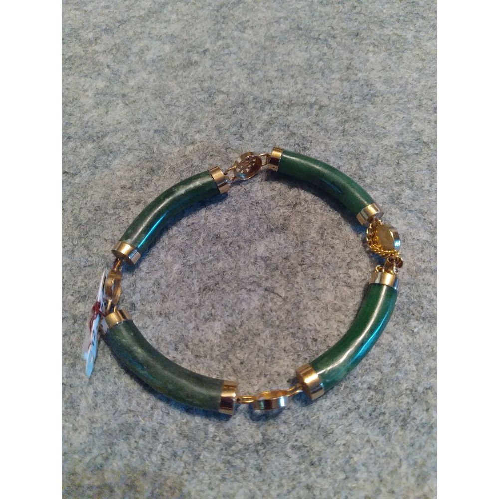 Vintage Jade Green Stone Bracelet with Gold Tone‎ Accents Asian Style Link Chain